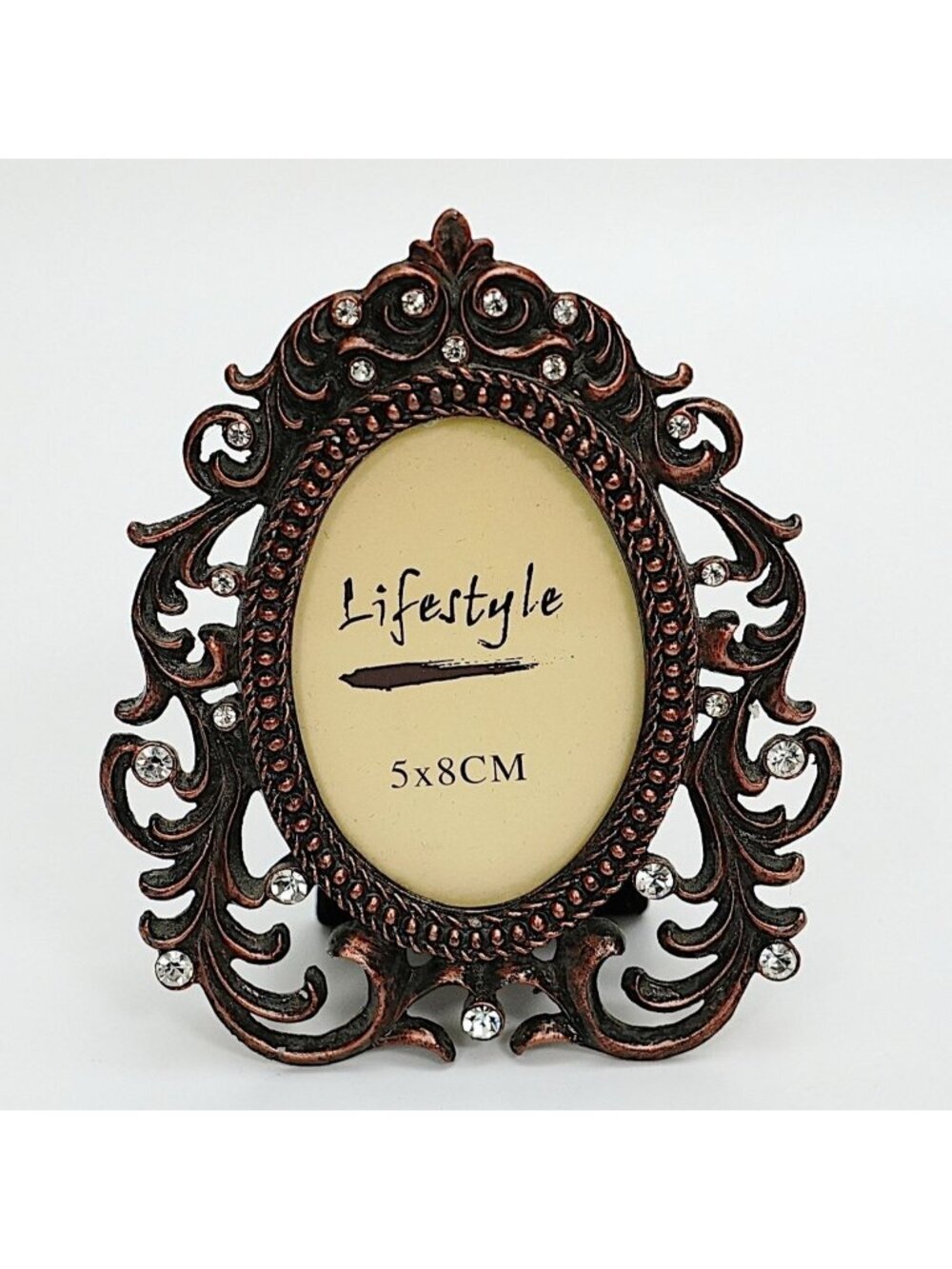 LIFESTYLE Small Oval Picture Frame Brown Metal Ornate Clear Crystals 2x3 Photo